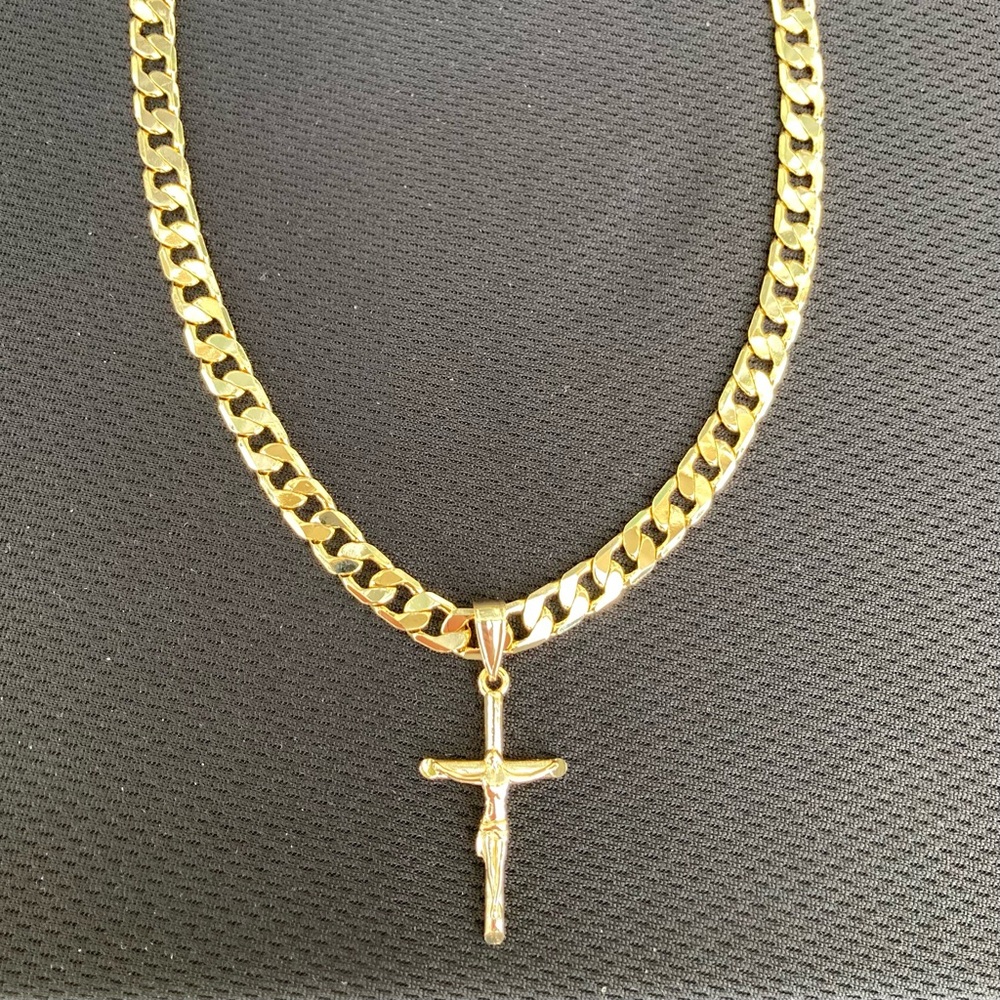 Gold Chain Square Cuban Link Necklace 6mm and Gold Cross Crucifix Pendant
